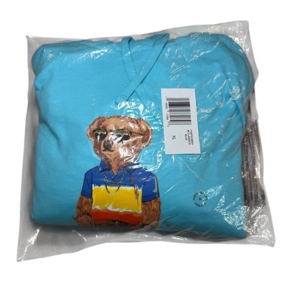 Polo Ralph Lauren Mens XL Polo Bear Jersey Hooded T-Shirt Blue Long Sleeve - Picture 9 of 11